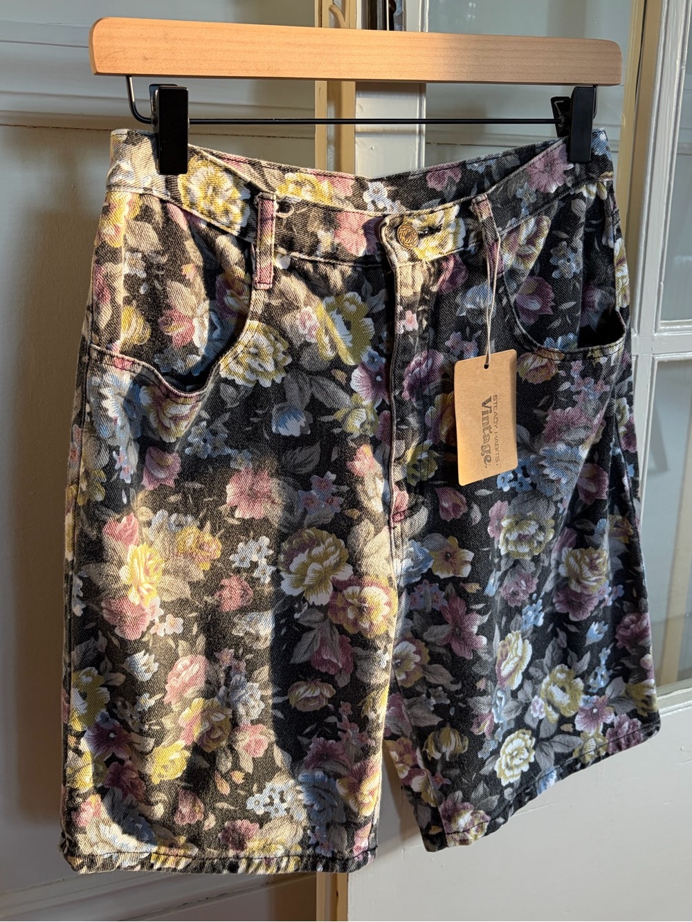1990s Vintage Denim Floral Bermuda Shorts High Waisted